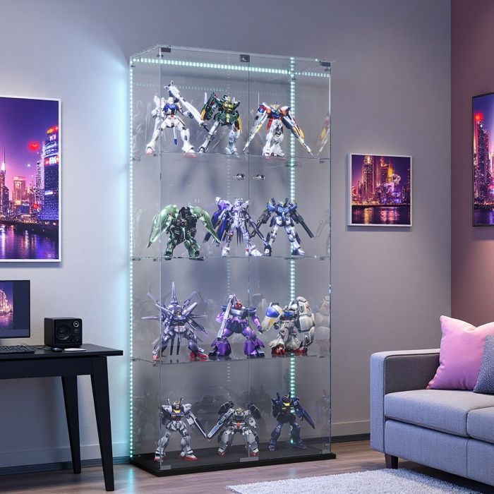 Vitrine en Verre avec LED Armoire Vitrine avec 4 étagères et 2 Porte Lampe Tactile Vitrine de Rangment sur Pieds pour Salon Noir
