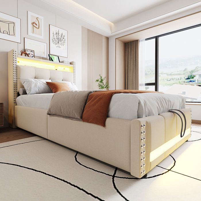 Lit coffre 90x200cm en lin - avec LED et prise USB - Coffre de rangement - Sommier à lattes - avec levier hydraulique - Beige
