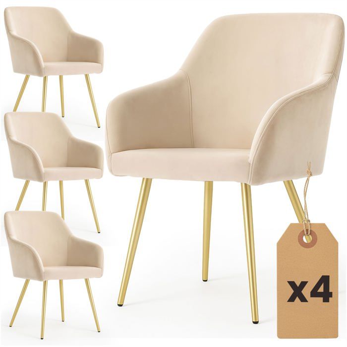 Lot de 4 Chaises en velours lisses ESTELLE Beige pieds dorés Lot de 4 Chaises en velours lisses ESTELLE Beige pieds dorés