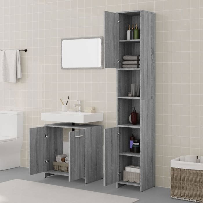 En PromotionEnsemble de meubles de salle de bain 3 pcs - Set de salle de bain/meuble de rangement - SHIELD - Sonoma gris 1343562