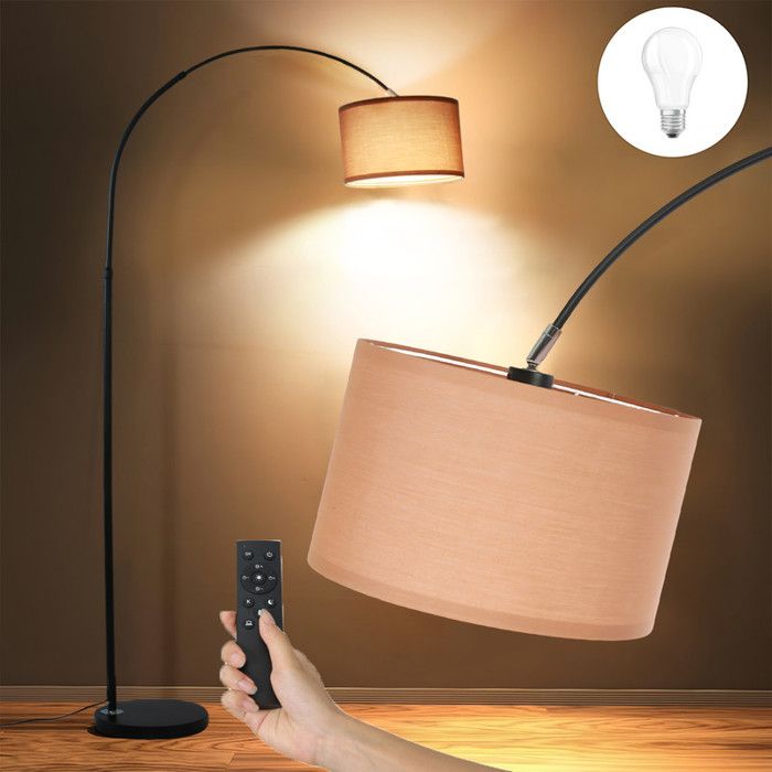 ANTENLICHT Lampadaire incurvé avec télécommande intensité réglable ampoule incluse socle noir + abat-jour marron