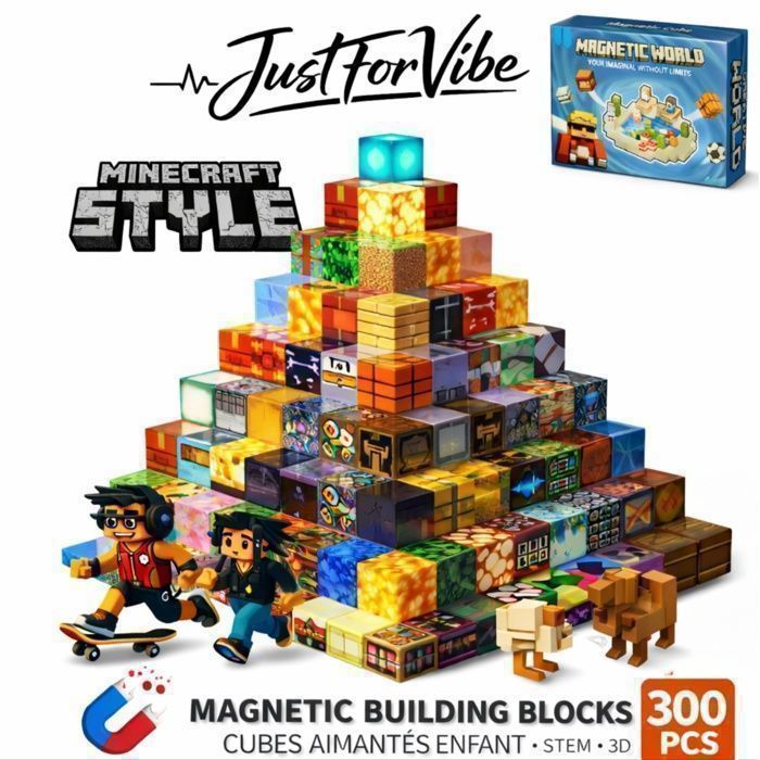 Jeu de construction magnétique 3D – 300 pièces blocs aimantés – style Minecraft – enfant – JustForVibe