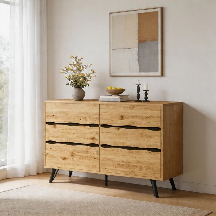 Commode - 120 x 40 x 755 cm - 6 tiroirs - Façades ondulées - Pieds métal noir