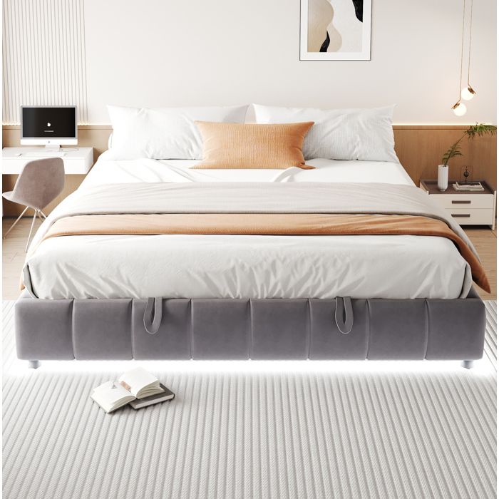 Sommier à lattes relevable hydraulique avec rangement et LED blanche - ELVMI - sans tête de lit gris 180 × 200 cm