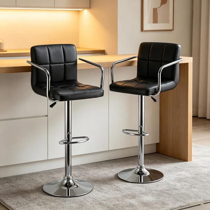 SUPFINE Lot de 2 Tabourets de Bar Scandinave Pivotants Réglables en Hauteur Chaises avec Accoudoirs Dossier Ergonomique PU
