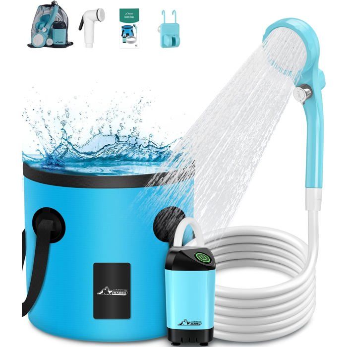 Douche portable camping - Affichage numérique intelligent - Batterie 4500mAh - Autonomie 90 min - Seau pliable 20L