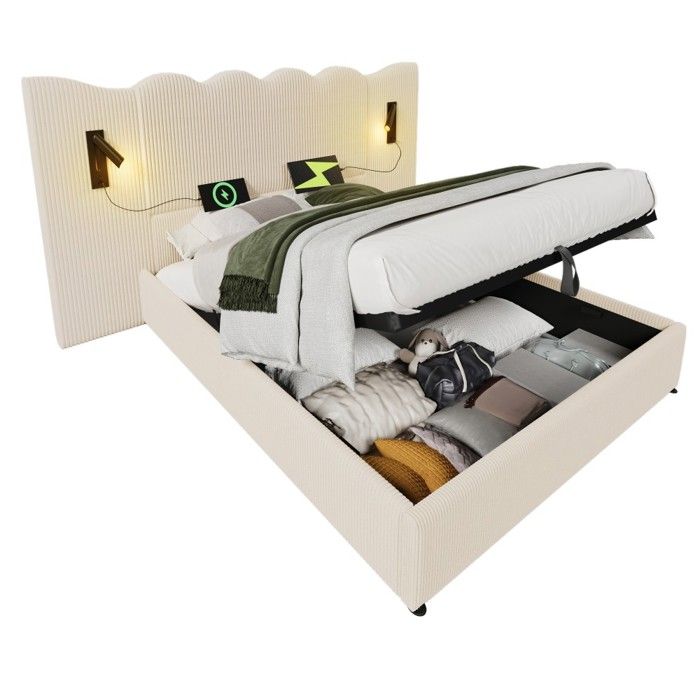 Lit Double Capitonné Beige-blanc 180x200cm USB Type-C Lampe Lecture coffre Rangement Sommier Bois Métal Velours Sans Matelas Lit Double Capitonné Beige-blanc 180x200cm USB Type-C Lampe Lecture coffre Rangement Sommier Bois Métal Velours Sans Matelas