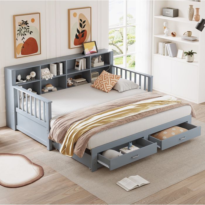 Lit gigogne 1 place 90 × 190 cm extensible 180 × 190 cm avec 2 tiroirs et prise sans matelas Gris - UVRION