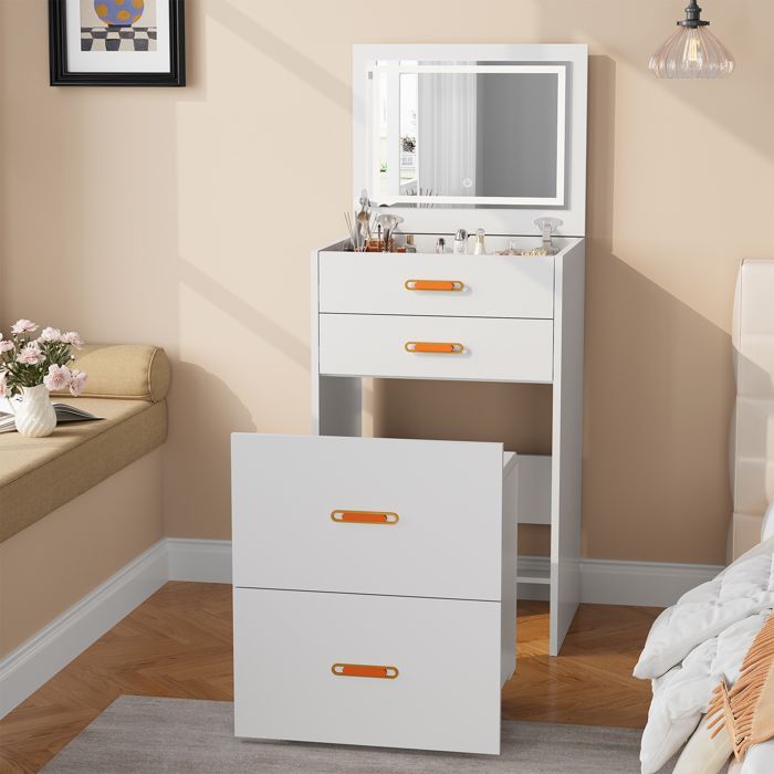 Coiffeuse compacte avec miroir led et tabouret 3 en 1 lumineux à 3 modes avec tiroir et tabouret de rangement à roulettes Blanc