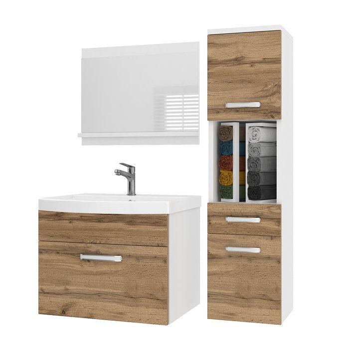 BELINI Meuble de Salle de Bain PRI M3 90 cm - Brun Doré Mat - Meuble avec Vasque Céramique + Miroir avec Étagère - Suspendu