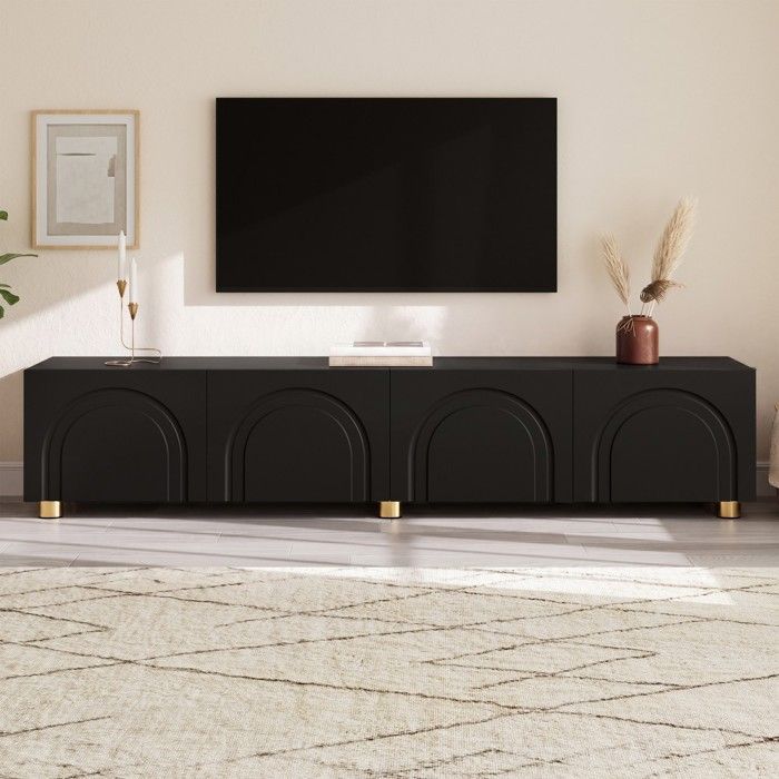 Meuble TV lowboard noir à relief arc 4 portes pieds métal grand rangement salon 180x35x40cm