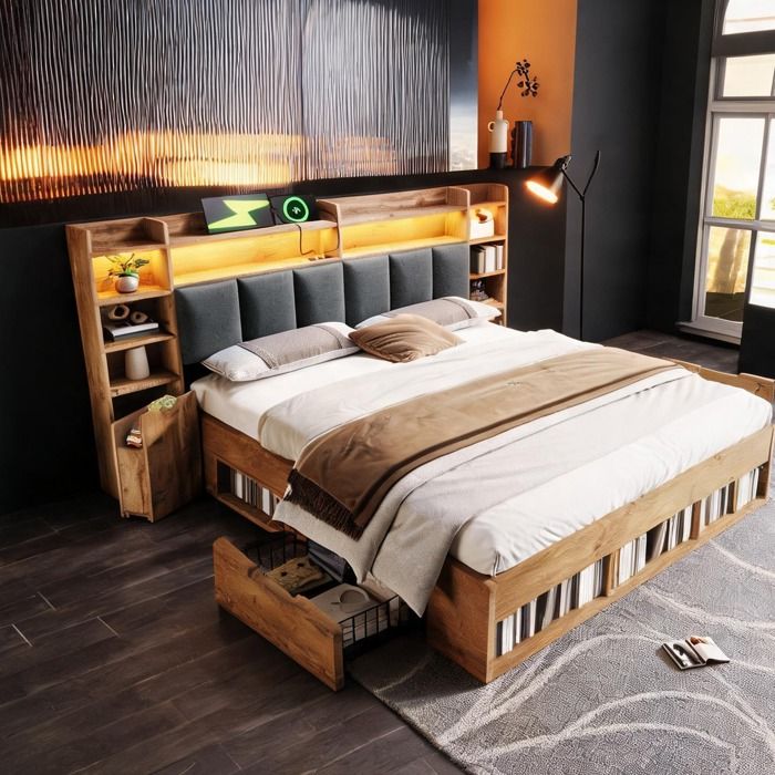 Lit système 180x200 cm en chêne avec tête de lit capitonnée et LED rangements et ports USB-C