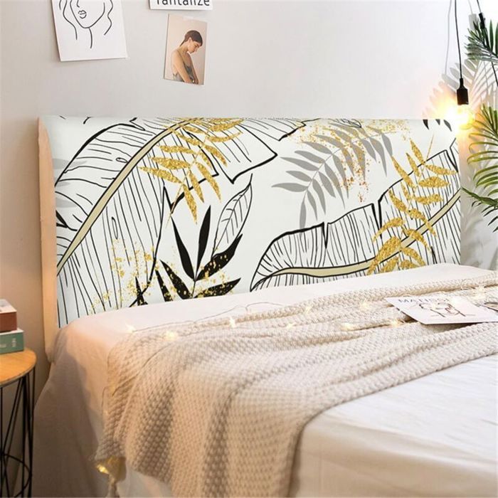 Housse tête de lit – Extensible 360° polyester – Protection anti-poussière chambre – 160x50-65cm Feuilles dor