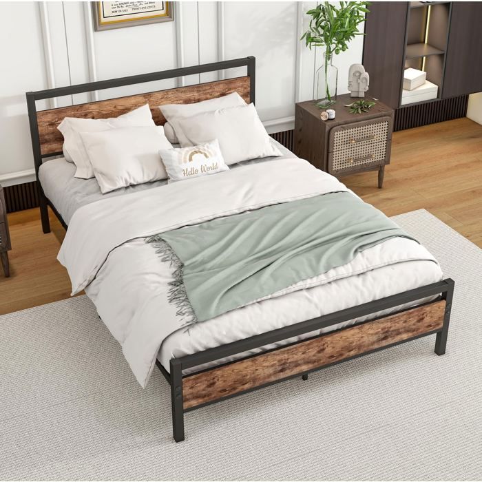 Lit adulte double 140x200 cm avec rangement MDF + métal marron