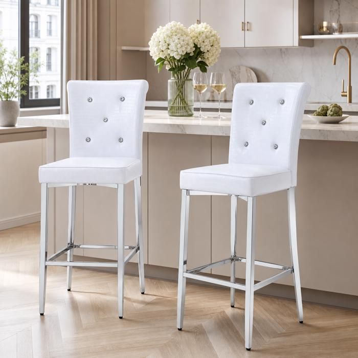 Tabouret de bar 2 pièces dossier haut effet cuir crocodile boutons cristal pieds métal chromé pour cuisine îlot comptoir
