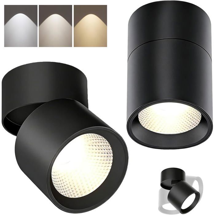 Spot Plafonnier LED Plafonnier Spot Orientable en Saillie 7W Noir Rotation 360 et 90 Avec Temperature 3000k 4000k 6000k
