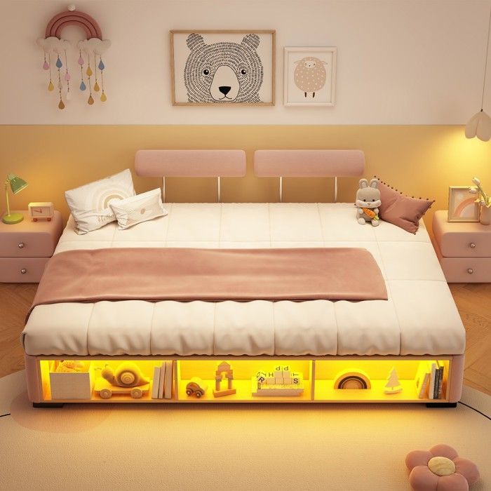 Lit Double enfant rose capitonné 140x200 cm lit junior LED rangement tête modulable 3 côtés lit bas chambre enfant Sans Matelas