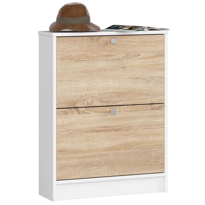 Meuble à chaussures AKORD Blanc 60 cm 2 portes façade Chêne Sonoma 2 étagères 60x20x80 cm