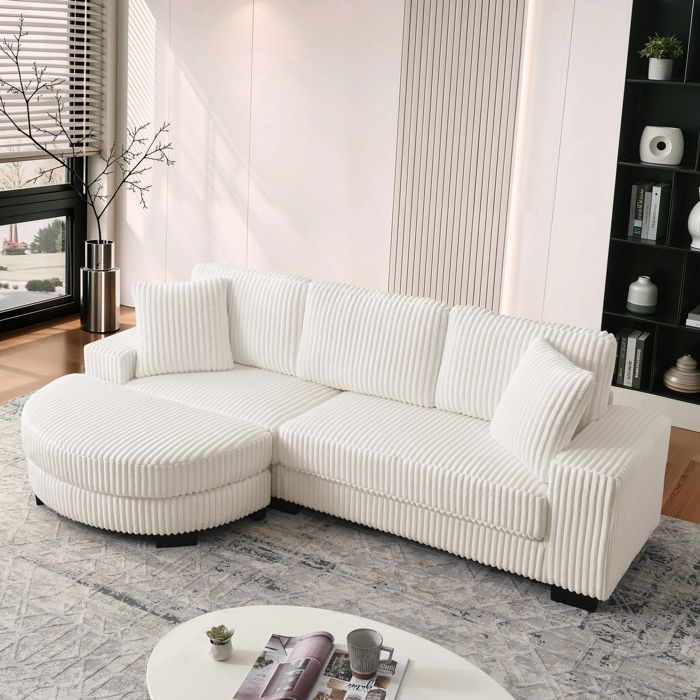 Canapé dAngle Modulable 4 Places 2565x1335x89 cm Pouf Ovale Réversible 2 Coussins Velours Côtelé - Beige