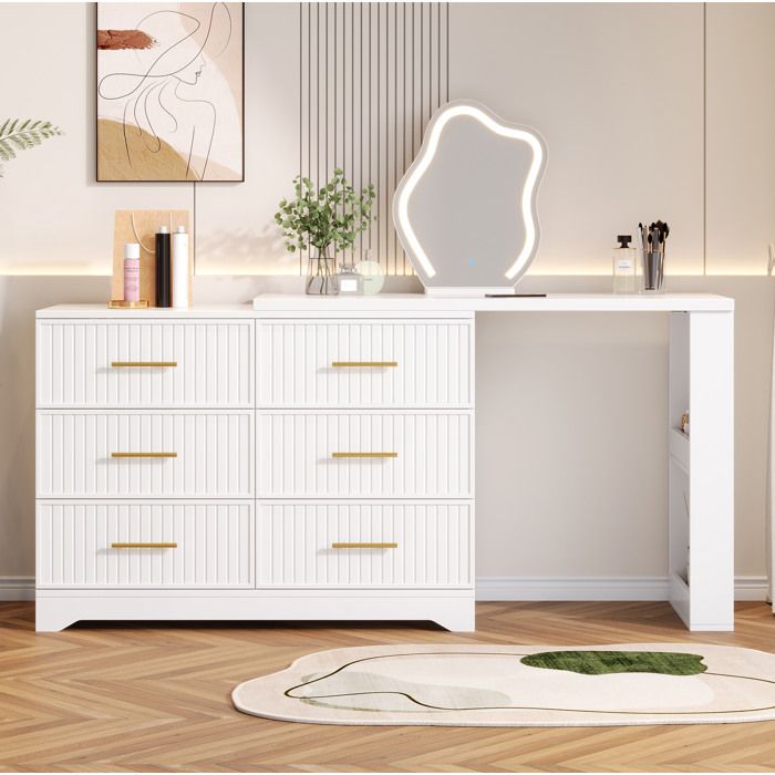Coiffeuse pivotante avec miroir LED 3 couleurs 6 tiroirs blanche et dorée 110 x 40 x 129 cm