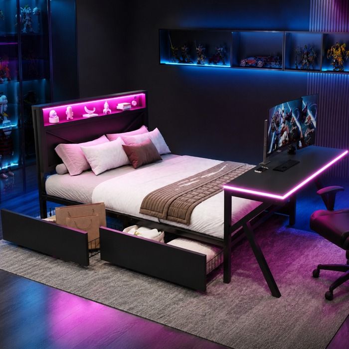 Maisentiel Lit plateforme gaming 140x200 cm noir en métal et MDF avec tête de lit LED bureau LED et 2 tiroirs