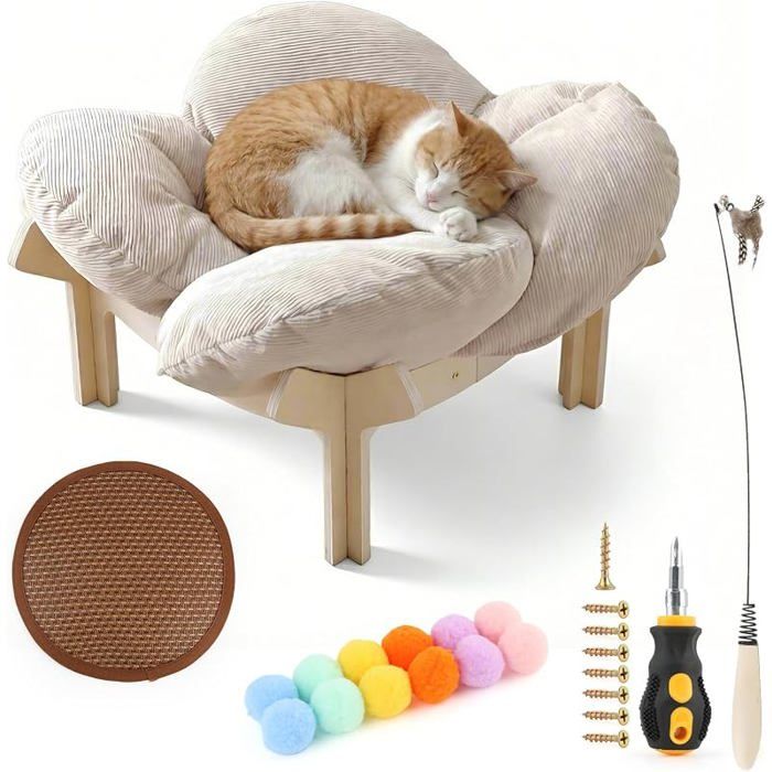 Lit Surélevé pour Chat en Forme de FleurPanier Chat en Forme de Pétale  Lit pour Chat en Bois pour ChatCoussin Doux Hau CORBEILLE