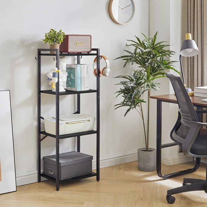 Bibliothèque 4 niveaux - étagère de rangement 112 cm - cadre métal noir mat panneau aspect bois structure en X