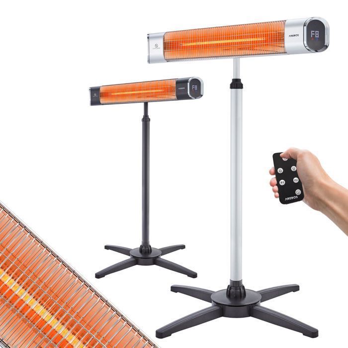Comparer les prix de AREBOS Chauffage radiant infrarouge 2000 W avec télécommande et support réglable en hauteur argenté