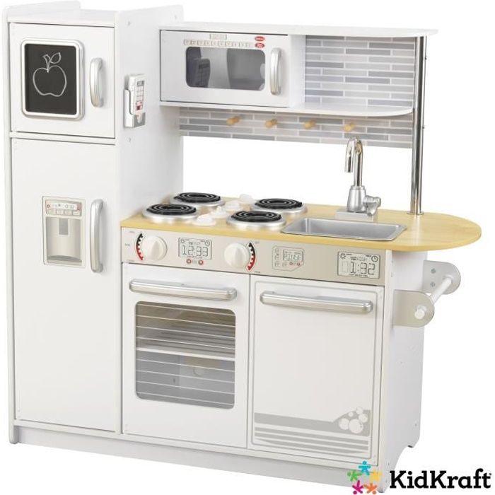 KidKraft - Cuisine en bois pour enfant Uptown Blanche, four, micro-ondes, téléphone et accessoires inclus