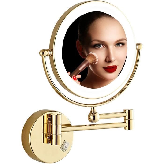 Miroir de courtoisie mural éclairé, miroir grossissant 3x rechargeable