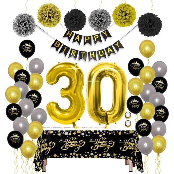 30 Ans Décorations Anniversaire de Fête en Noir Or,MMTX30 Ballons Bannières  de Joyeux du 30 ans ème Anniversaire,Pom Poms en Papier - Cdiscount Maison