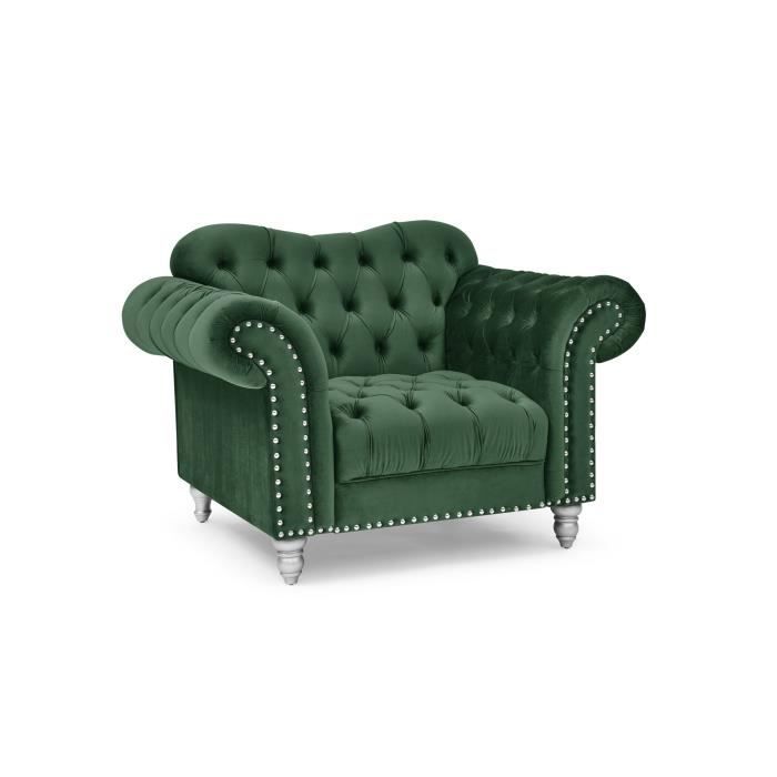 rosalia - fauteuil chesterfield en velours vert pieds argentés