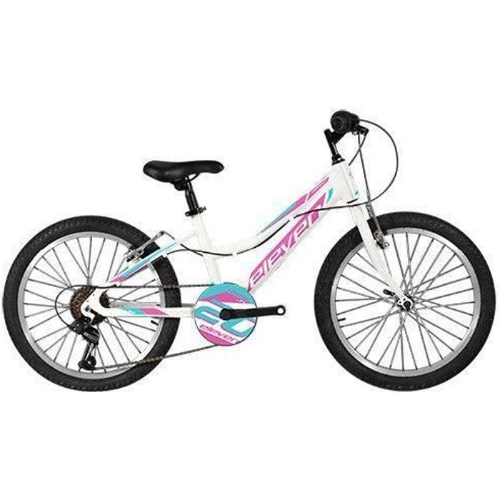 Velo enfant 20 vtt fille eleven vortex blanc/rose/bleu alu ty300 6vit.