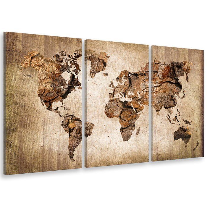 Tableau carte du monde bois sur une planche de bois - 90 x 60 cm