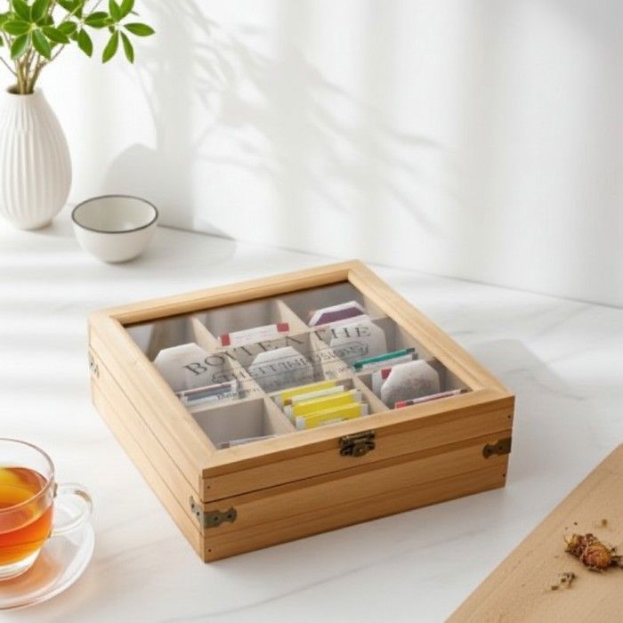 Boîte à Thé 9 Compartiments En MDF Blanc Avec Couvercle En Verre - Dimensions 24x24x7 Cm - Design épuré, Inscription 'TEA' - FSC 100%