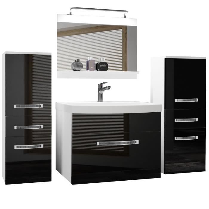 BELINI Meuble de Salle de Bain Lavabo Meuble Sous-vasque Miroir et 2x Cabinet L:140 cm Kit déclairage noir très brillant
