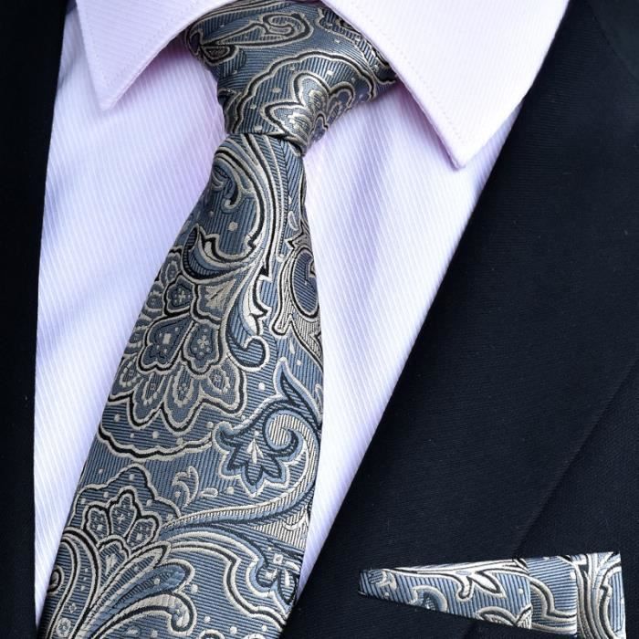 Ensemble De Homme Cravate Paisley Avec Mouchoir Carre De Poche Raye Pour Costume Mariage Soirée Gris