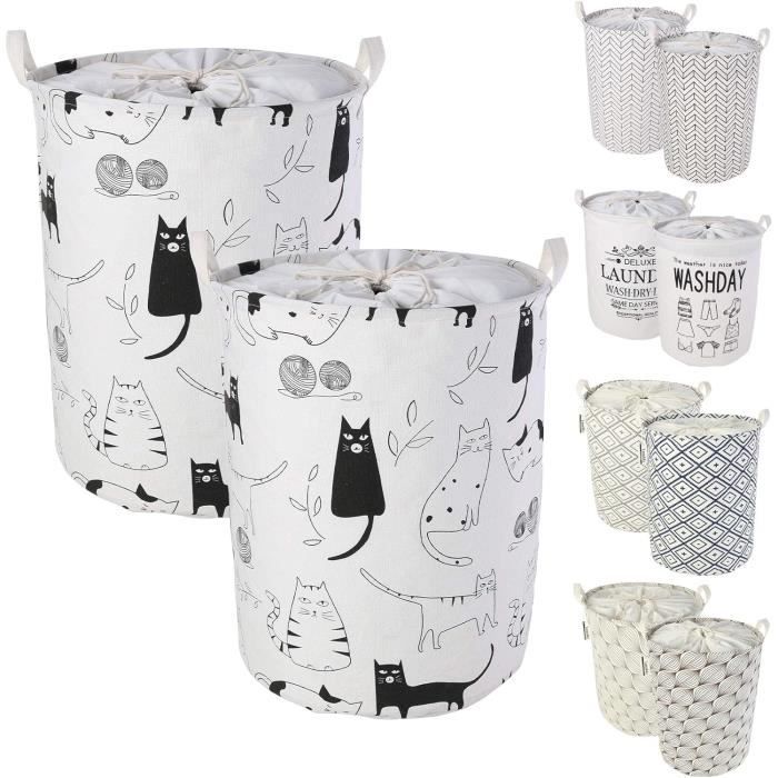 2 Paniers à Linge Escamotables Avec Cordon - Rangement Imperméable, 60 L Chacun, Tissu Coton/Ramie