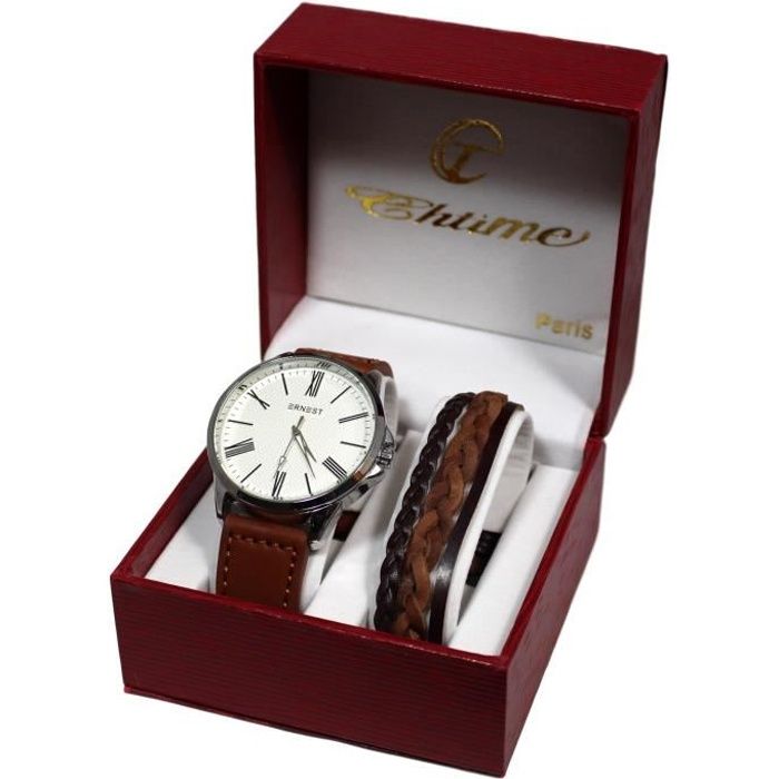 Coffret Montre Homme Ernest Cuir Marron Plus Gourmette