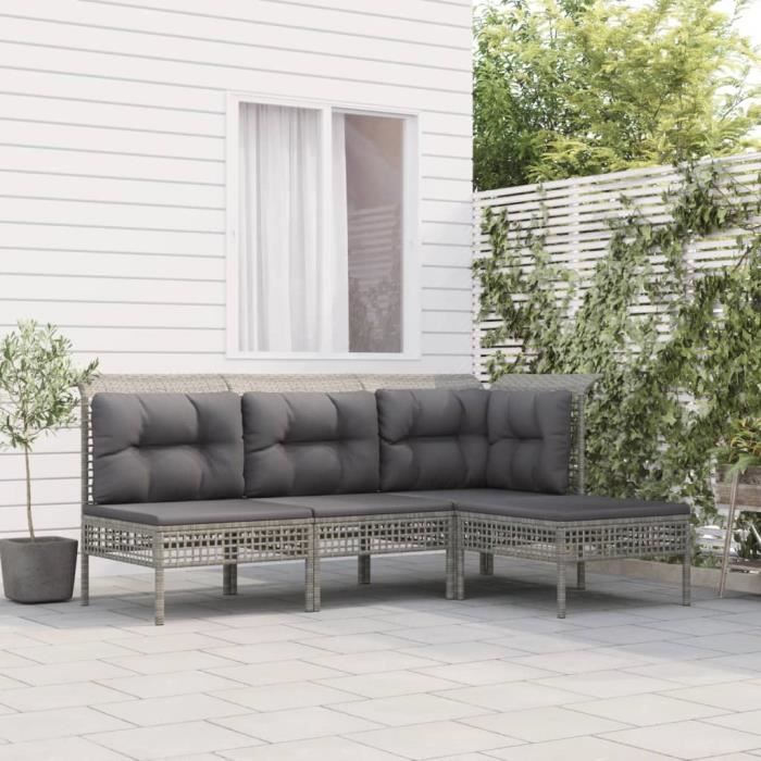 Fydun Salon de jardin 4 pcs avec coussins Gris Résine tressée AB3187497 YP014