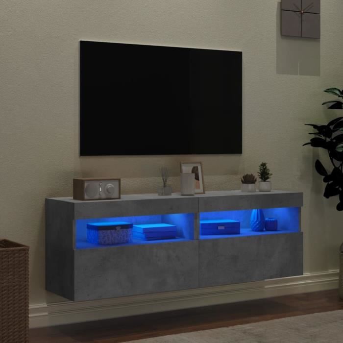 Meuble TV mural - KEENSO - 2pcs - Gris béton - Bois dingénierie - Lumières LED RVB