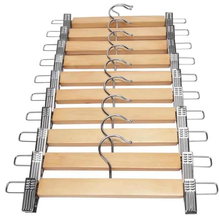 LOHAS Cintres Bois à Pinces Avec Barre – Lot 10 Pour Pantalons, Jupes Et Manteaux