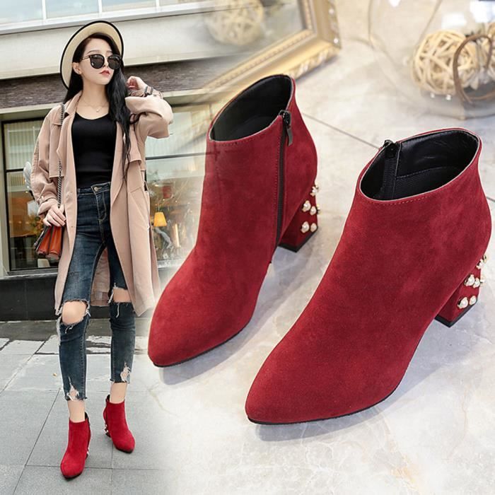 Spring Shoes Casual Perle Décoration Carré Bottes talon cheville de femmes  @Modehall7769 Rouge - Cdiscount