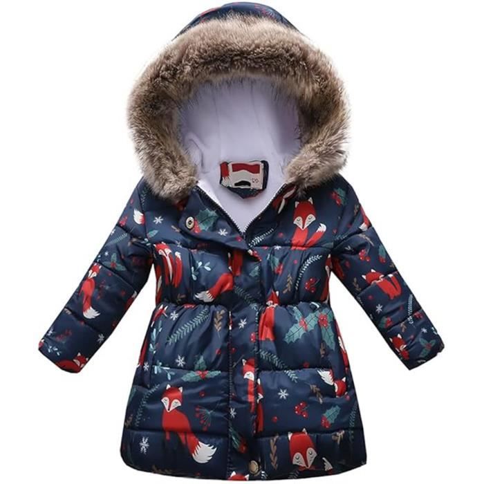 Enfant Doudoune a Capuche de Col en Fourrure Manteau Hiver Garcon Veste Matelassee Mi longue Fille Imprimee de Dessin Anime Renard