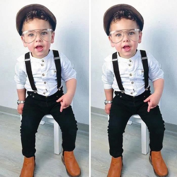 ENSEMBLE DE VETEMENTS 1 5 Ans Bebe Enfant Garcon 2 Pieces Ensemble de Vetement Mode Chemise Blanc et Pantalon Noir avec Bretelle