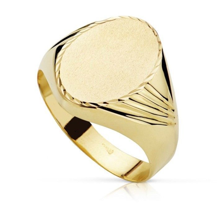 Chevalière 18k homme dor centre ovale 15x11mm. sculpté galloneado assiégée - Taille: 65