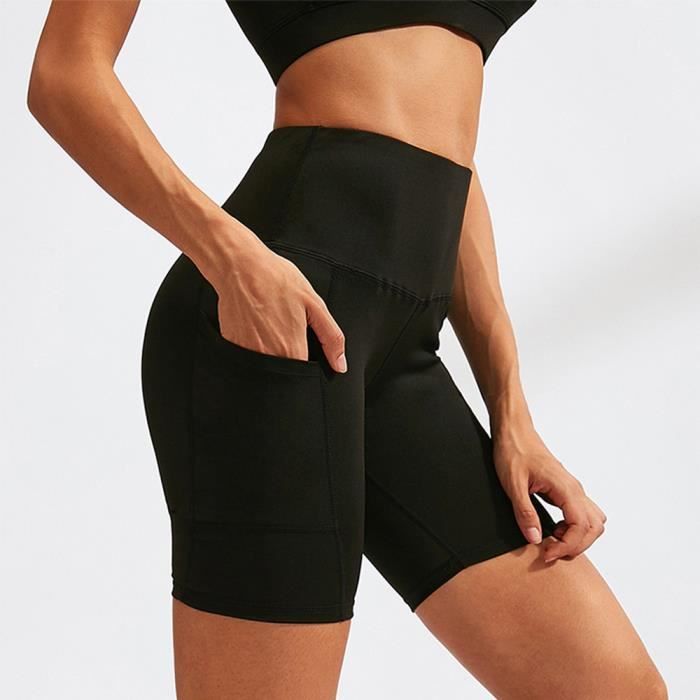 Short de Compression Femme - FONDUPIN - Short Yoga avec Poches - Noir -  Running - Fitness - Taille Haute