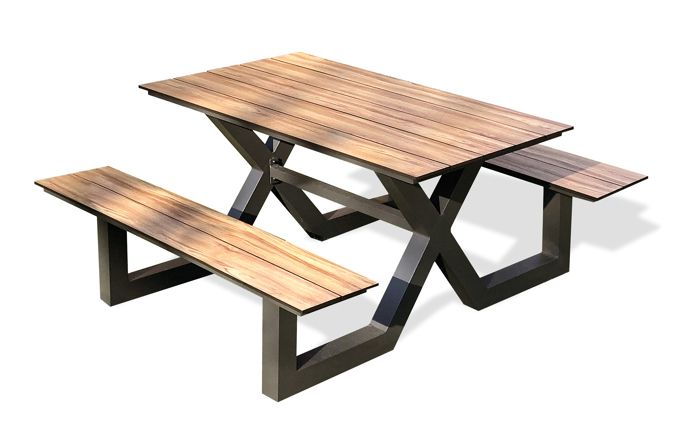 Table de jardin avec bancs VANCOUVER (150x164 cm) en aluminium et HPL effet bois - GRIS ANTHRACITE