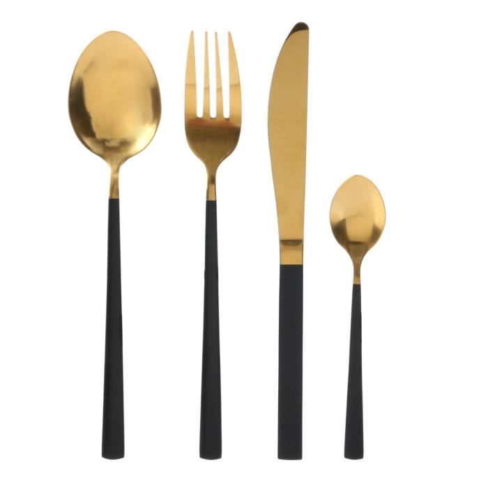 Ménagère 16 pièces en Inox Effet Or avec Manche Noir - Coffret Ensemble de Vaisselle Complet - Couverts Élégants et de Qualité
