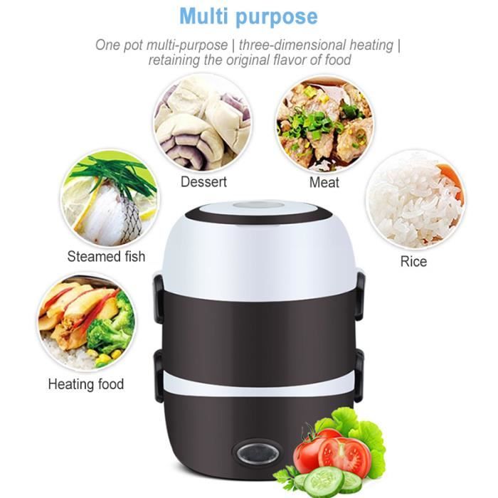 Boîte à Déjeuner électrique 3 Couches – Cuiseur à Riz Et Vapeur Portable 2 L, Acier Inoxydable, 220V, Arrêt Automatique, Idéal Bureau Ou Petit Appart